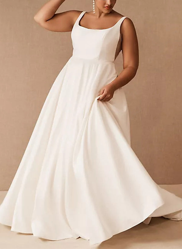 Satin Wedding Dresses Chic A-line Square Neckline Sleeveless Sweep Train-Dbrbridal