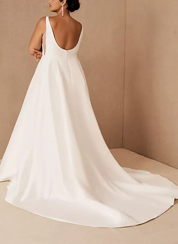 Satin Wedding Dresses Chic A-line Square Neckline Sleeveless Sweep Train-Dbrbridal