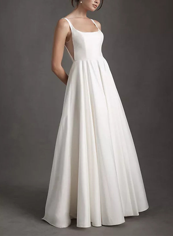 Satin Wedding Dresses Chic A-line Square Neckline Sleeveless Sweep Train-Dbrbridal