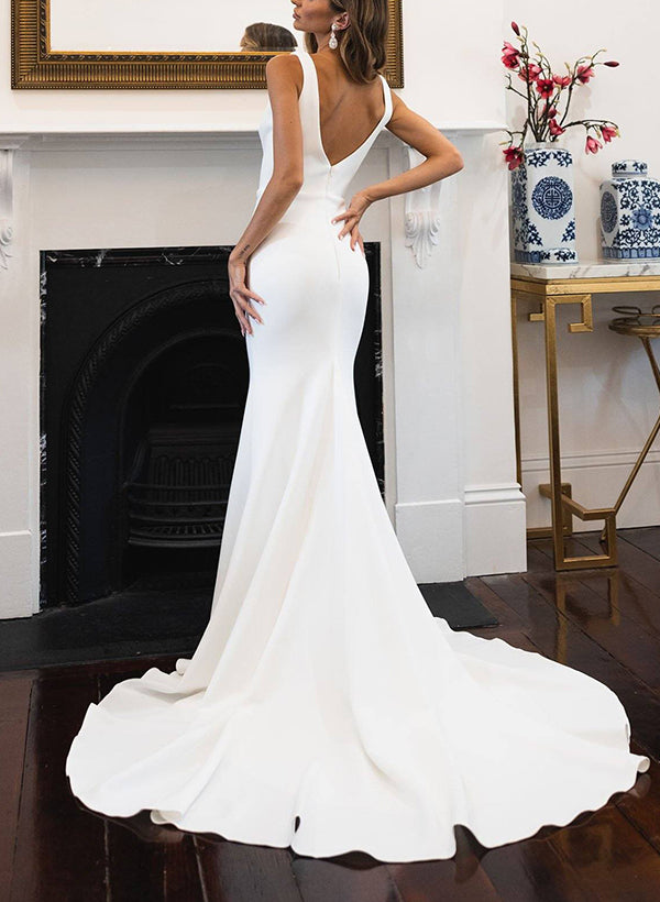 Satin Wedding Dresses Elegant Mermaid Fitted V-Neck Sleeveless-Dbrbridal