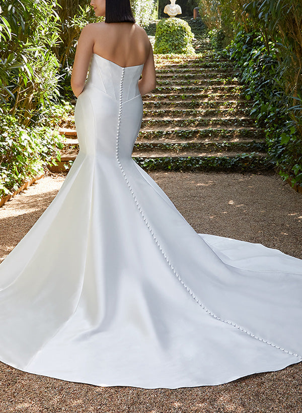 Satin Wedding Dresses Mermaid Fitted Elegant Sweetheart Sleeveless Court Train-Dbrbridal