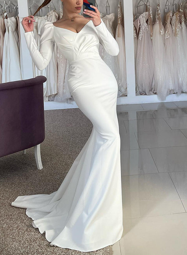 Satin Wedding Dresses Mermaid Fitted V-Neck Long Sleeves Sweep Train-Dbrbridal