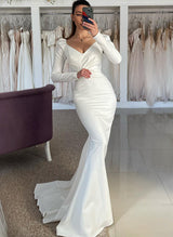 Satin Wedding Dresses Mermaid Fitted V-Neck Long Sleeves Sweep Train-Dbrbridal