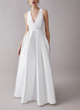 Satin Wedding Dresses V-Neck Sleeveless Floor-Length-Dbrbridal