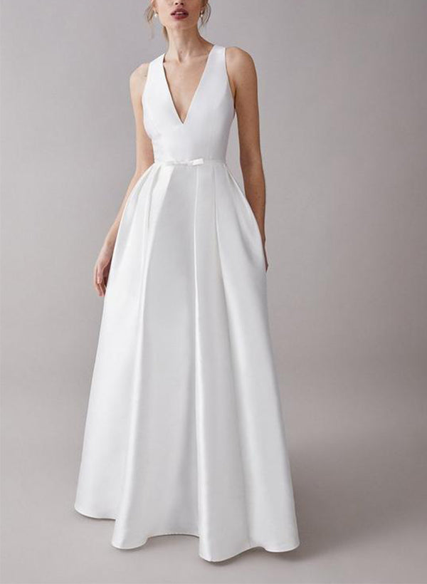 Satin Wedding Dresses V-Neck Sleeveless Floor-Length-Dbrbridal