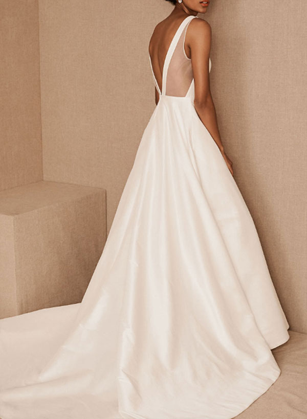 Scoop Neck Chapel Train Satin Wedding Dress-Dbrbridal