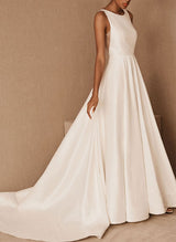 Scoop Neck Chapel Train Satin Wedding Dress-Dbrbridal