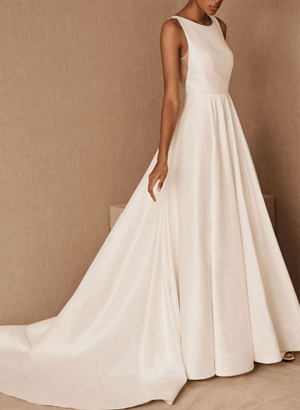 Scoop Neck Chapel Train Satin Wedding Dress-Dbrbridal