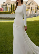 Scoop Neck Long Sleeves Court Train Elastic Satin Wedding Dresses-Dbrbridal