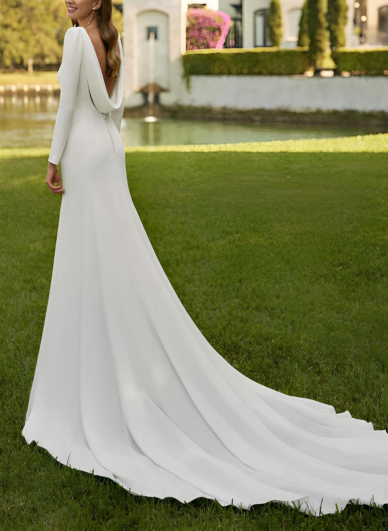 Scoop Neck Long Sleeves Court Train Elastic Satin Wedding Dresses-Dbrbridal