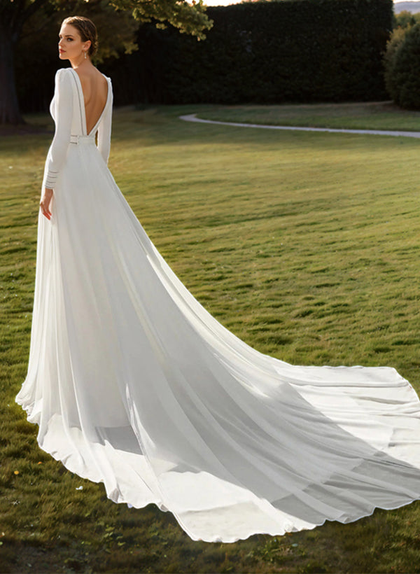 Scoop Neck Long Sleeves Court Train Wedding Dresses-Dbrbridal