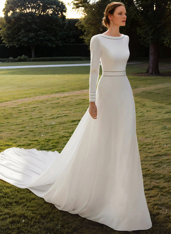 Scoop Neck Long Sleeves Court Train Wedding Dresses-Dbrbridal