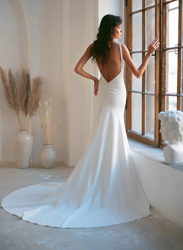 Scoop Neck Sleeveless Court Train Elastic Satin Wedding Dresses Mermaid Fitted Style-Dbrbridal