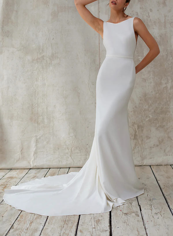 Scoop Neck Sleeveless Court Train Elastic Satin Wedding Dresses Mermaid Fitted Style-Dbrbridal