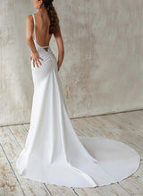 Scoop Neck Sleeveless Court Train Elastic Satin Wedding Dresses Mermaid Fitted Style-Dbrbridal