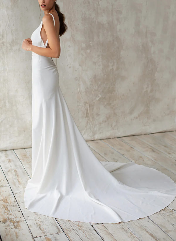 Scoop Neck Sleeveless Court Train Elastic Satin Wedding Dresses Mermaid Fitted Style-Dbrbridal