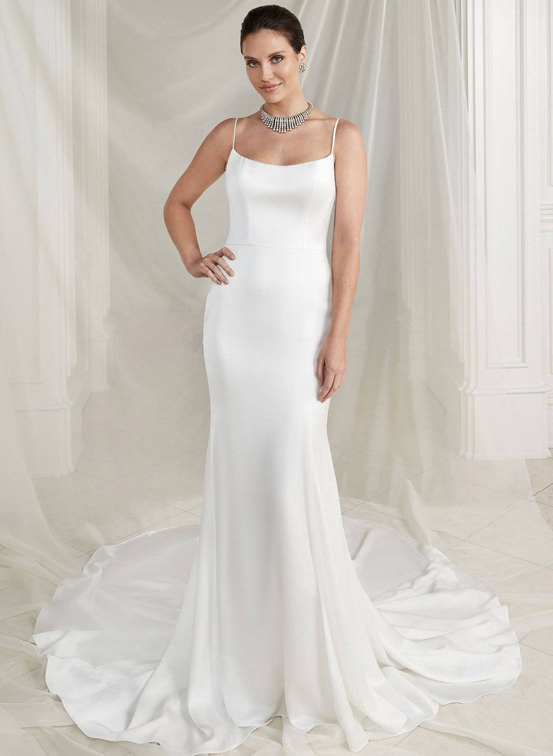 Scoop Neck Sleeveless Mermaid Fitted Court Train Satin Wedding Dresses-Dbrbridal