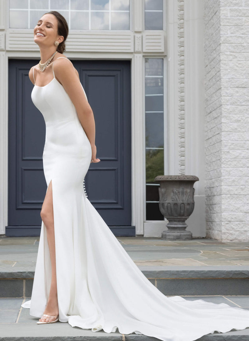 Scoop Neck Sleeveless Mermaid Fitted Court Train Satin Wedding Dresses-Dbrbridal