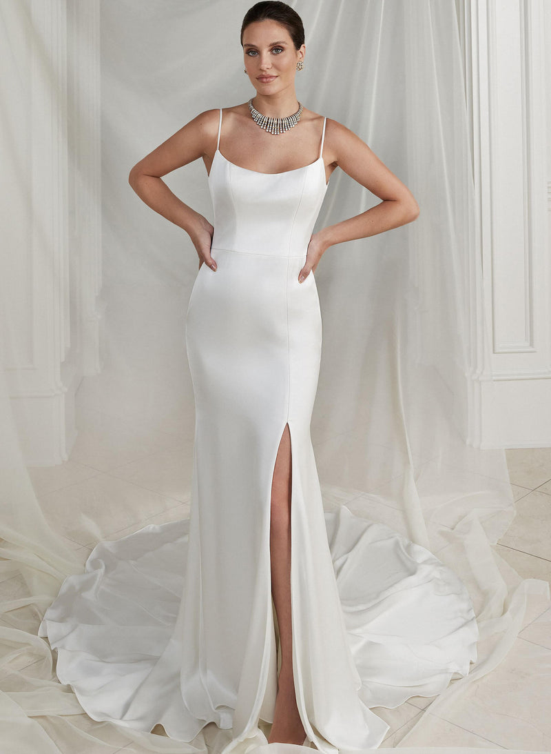 Scoop Neck Sleeveless Mermaid Fitted Court Train Satin Wedding Dresses-Dbrbridal