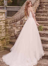 Scoop Neck Sleeveless Tulle Satin Sweep Train Wedding Dress-Dbrbridal