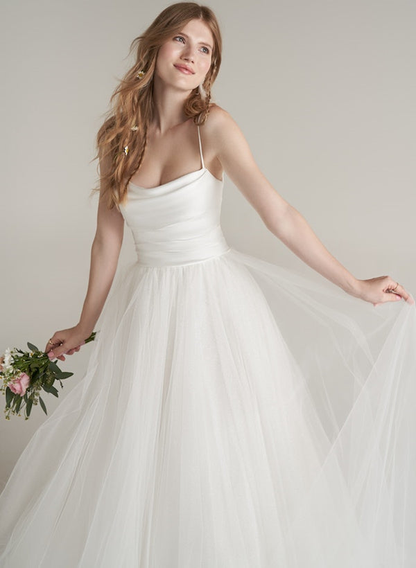 Scoop Neck Sleeveless Tulle Satin Sweep Train Wedding Dress-Dbrbridal