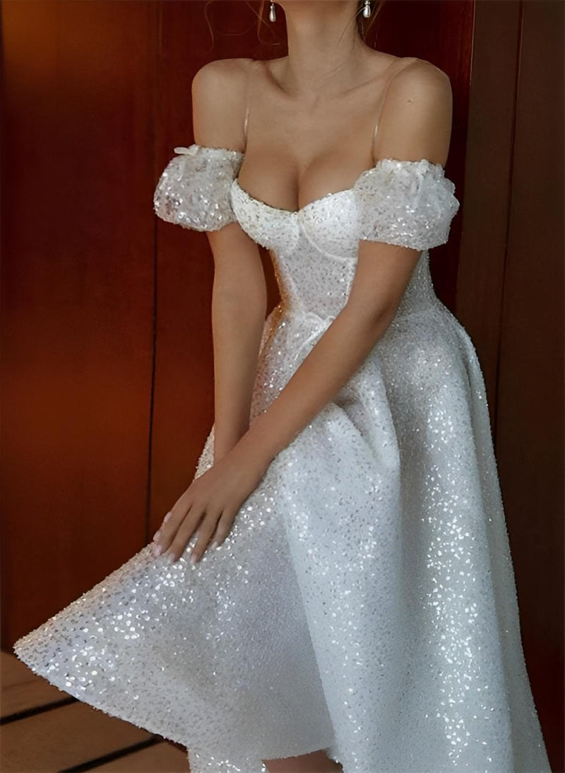 Sequin Chic A-line Elegant Sweetheart Tea-Length Wedding Dress Short Sleeves-Dbrbridal