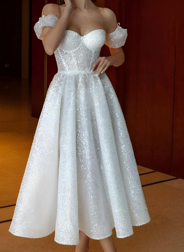 Sequin Chic A-line Elegant Sweetheart Tea-Length Wedding Dress Short Sleeves-Dbrbridal