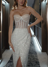 Sequin Embellished Strapless Wedding Dress Front Split-Dbrbridal