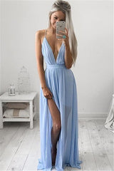 Sexy Deep V-Neck Chic Evening Party Gowns Spaghetti-Strapss baby Blue Prom Dresses-Dbrbridal