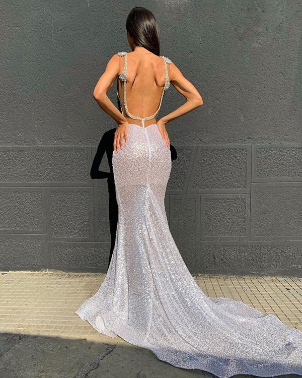 Sexy Deep V-Neck Sparkling Sequins Beading Chic Evening Gowns Backless Mermaid Sleeveless Prom Dresses With Court Train-Dbrbridal