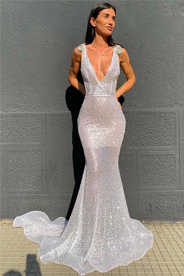 Sexy Deep V-Neck Sparkling Sequins Beading Chic Evening Gowns Backless Mermaid Sleeveless Prom Dresses With Court Train-Dbrbridal