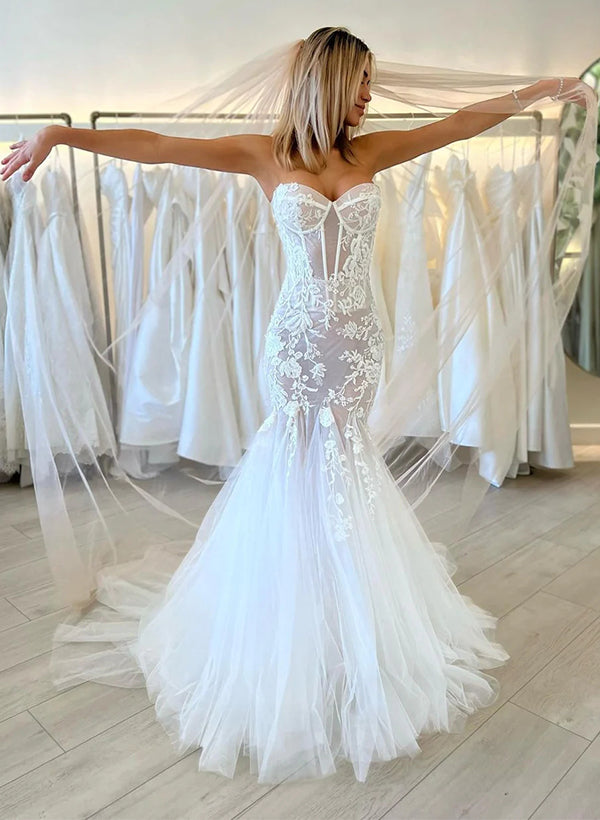 Sexy Elegant Sweetheart Mermaid Fitted Sleeveless Lace Tulle Wedding Dresses-Dbrbridal