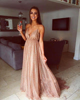 Sexy Sexy Deep V-Neck Spaghetti-Strapss Prom Dress Sequins Long-Dbrbridal