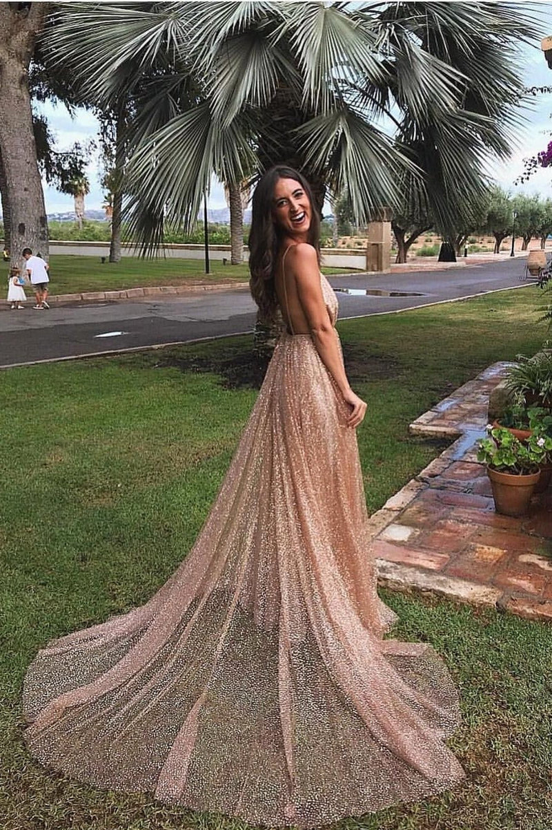 Sexy Sexy Deep V-Neck Spaghetti-Strapss Prom Dress Sequins Long-Dbrbridal