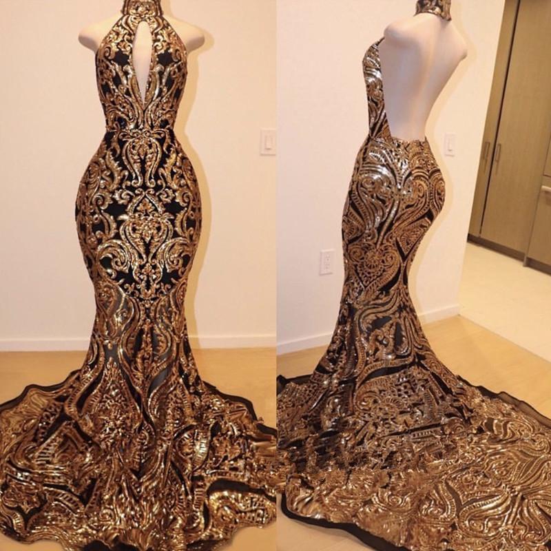 Sexy V-Neck Halter Backless Mermaid Prom Dress Gold Sequins Long Backless-Dbrbridal