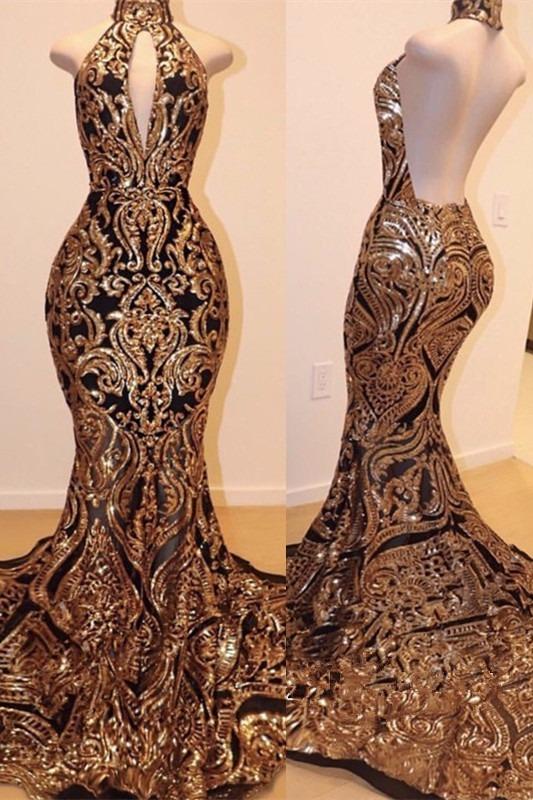 Sexy V-Neck Halter Backless Mermaid Prom Dress Gold Sequins Long Backless-Dbrbridal