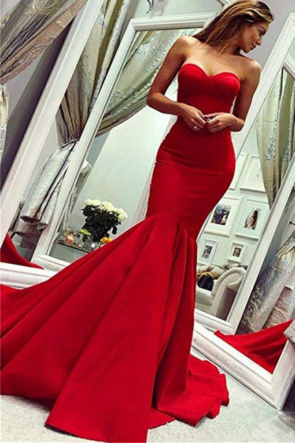 Sey Red Satin Mermaid Sleeveless Sweetheart Floor Length Backless Prom Dresses Evening Gowns With Zipper-Dbrbridal