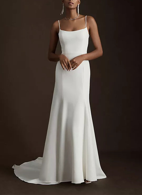 Sheath Fitted Square Neckline Satin Wedding Dresses Appliques Lace-Dbrbridal