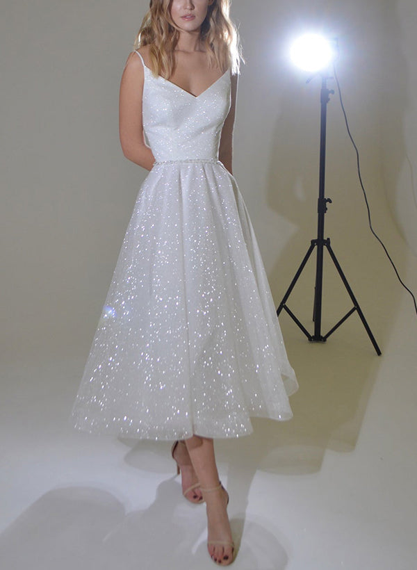 Shiny Chic A-line V-Neck Sleeveless Little White Sequined Wedding Dresses-Dbrbridal