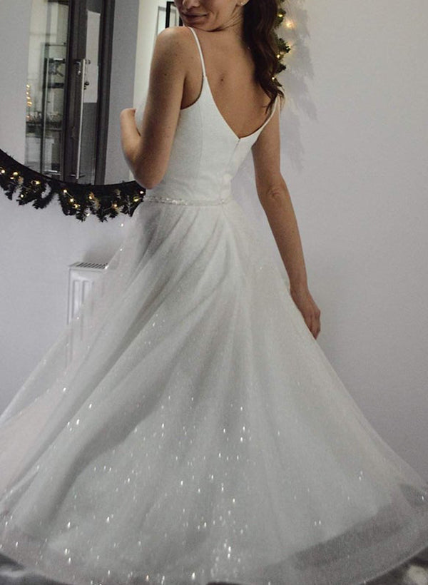 Shiny Chic A-line V-Neck Sleeveless Little White Sequined Wedding Dresses-Dbrbridal