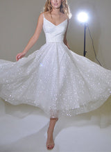 Shiny Chic A-line V-Neck Sleeveless Little White Sequined Wedding Dresses-Dbrbridal