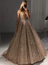 Shiny Gold Ball Gown Evening Dresses Chic V-Neck Sequin Prom Dresses-Dbrbridal