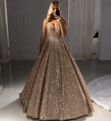 Shiny Gold Ball Gown Evening Dresses Chic V-Neck Sequin Prom Dresses-Dbrbridal