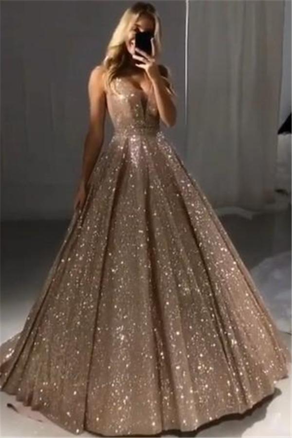 Shiny Gold Ball Gown Evening Dresses Chic V-Neck Sequin Prom Dresses-Dbrbridal