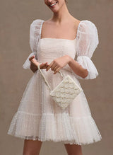 Short Reception Wedding Dresses Bubble Sleeves-Dbrbridal