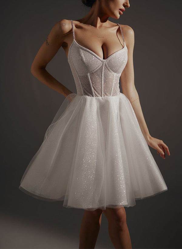 Short Sequined Chic A-line V-Neck Wedding Dresses Sparkle Spaghetti Straps-Dbrbridal