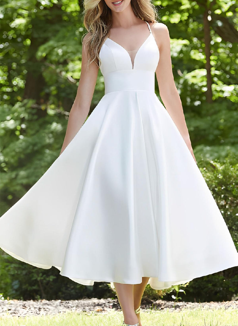 Short Simple Open Back Tea-Length Wedding Dresses-Dbrbridal