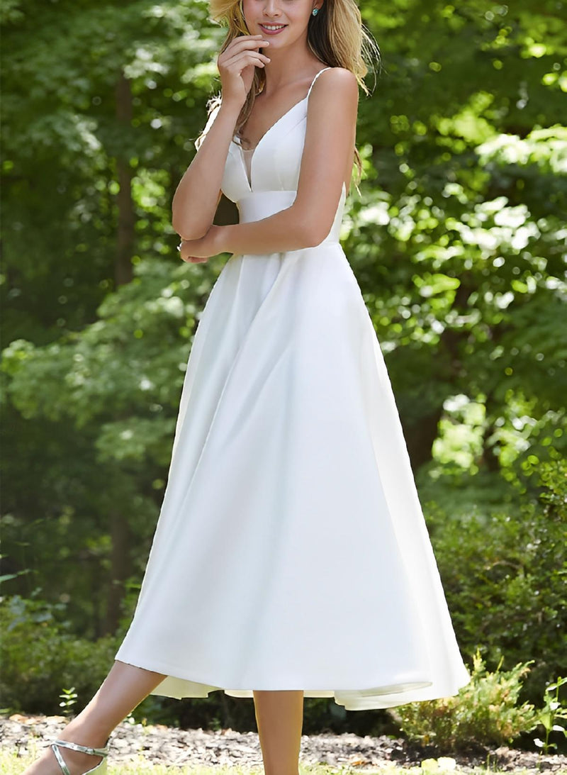 Short Simple Open Back Tea-Length Wedding Dresses-Dbrbridal