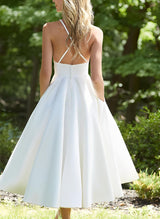 Short Simple Open Back Tea-Length Wedding Dresses-Dbrbridal