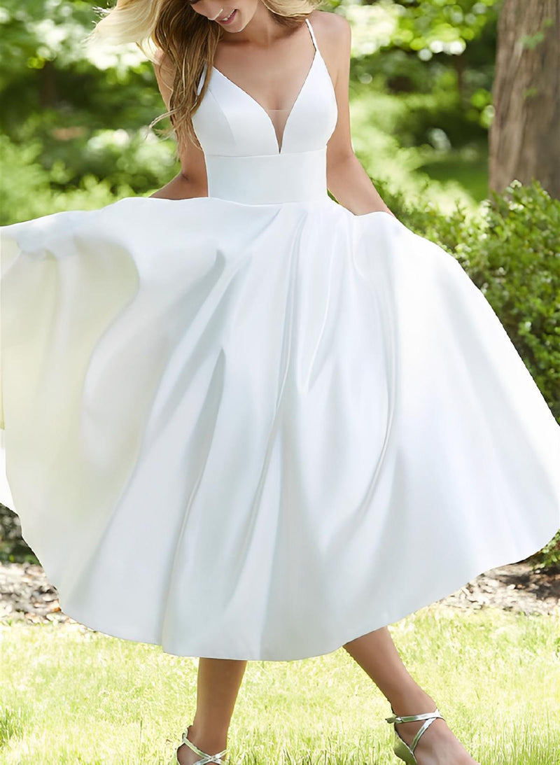 Short Simple Open Back Tea-Length Wedding Dresses-Dbrbridal